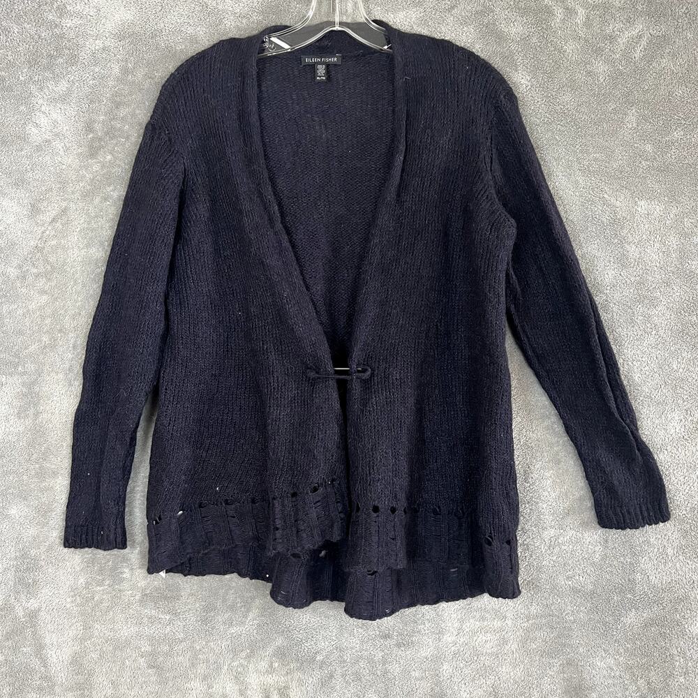 Eileen Fisher Cardigan Sweater Womens S Navy‎ Blue Knit Alpaca Linen